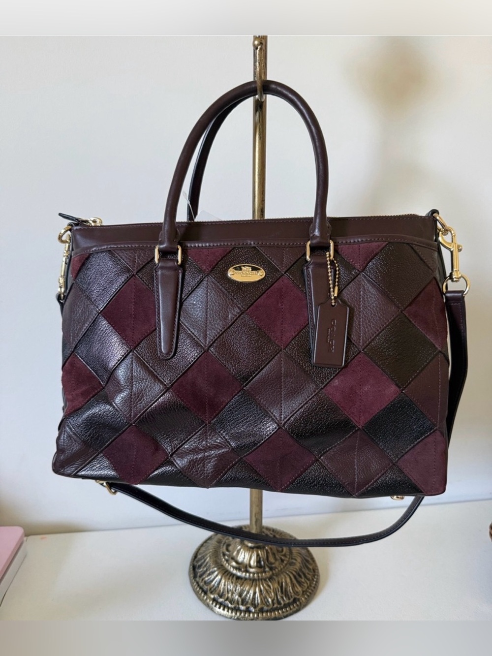 Coach Morgan Satchel in Oxblood Diamond Patchwork Leather and Suede Tote Bag NWT